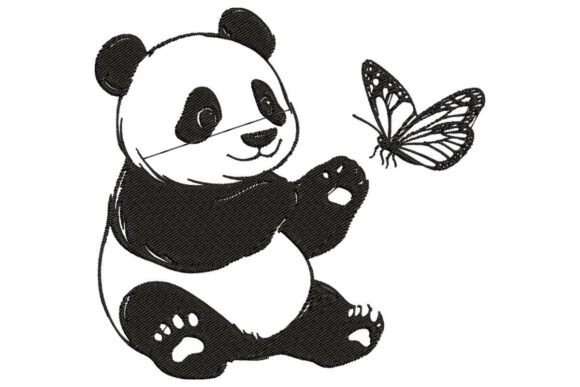 Happy Panda with Butterfly Embroidery Design